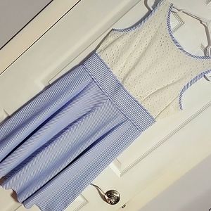 White & blue seersucker dress